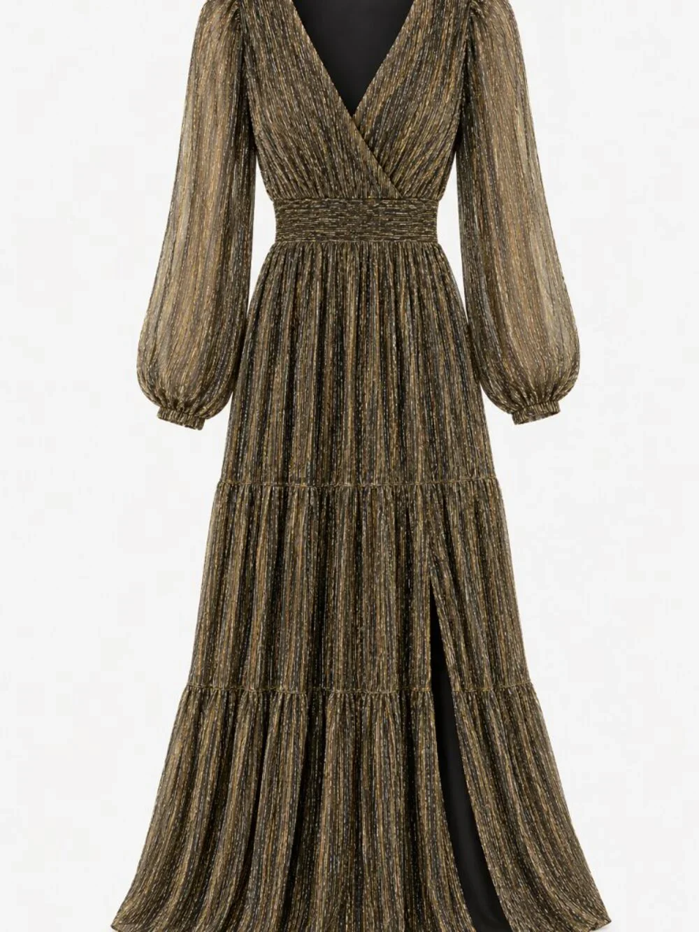 ASTR the Label Gold Metallic Maxi Dress Long Sleeve Wrap V Neck XS